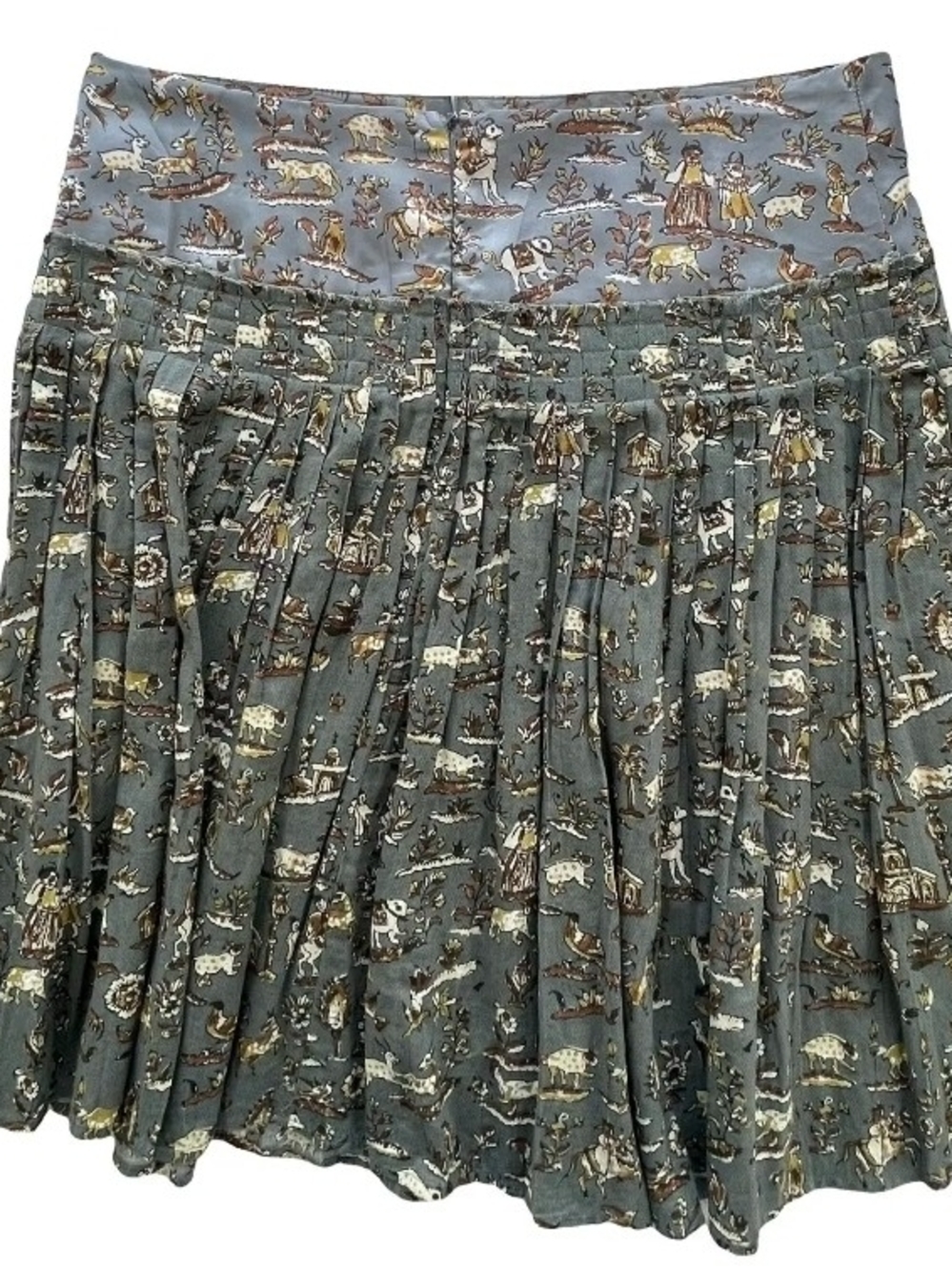 Cotēlac Pleated Scenic Print Skirt in Slate Green